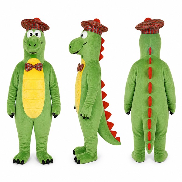Dinosaur Mascot Costume in Green with Plaid Cap and Bow Tie Adult