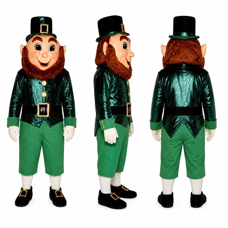 Leprechaun Mascot Costume in Green with Black Hat Adult