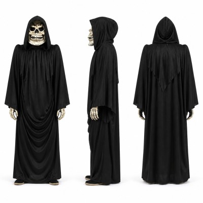 Grim Reaper Mascot Costume in Black with Skeleton Face Adult