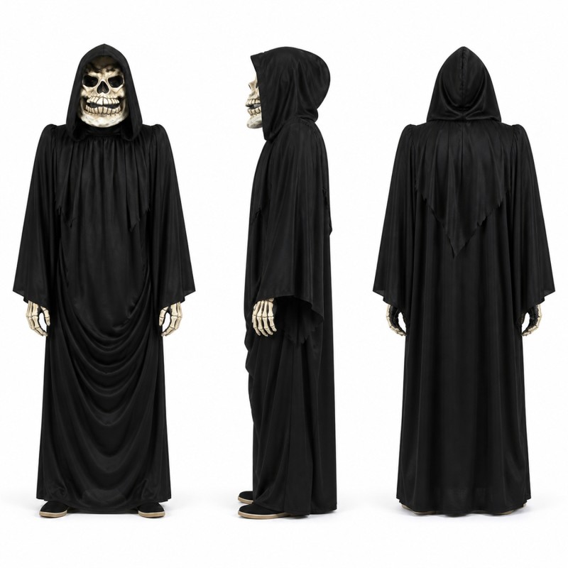 Grim Reaper Mascot Costume in Black with Skeleton Face Adult