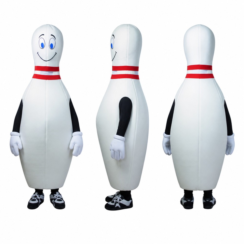 Bowling Pin Mascot Costume in White with Red Stripes Adult Bowling Pin Mascot Costume in White with Red Stripes Adult