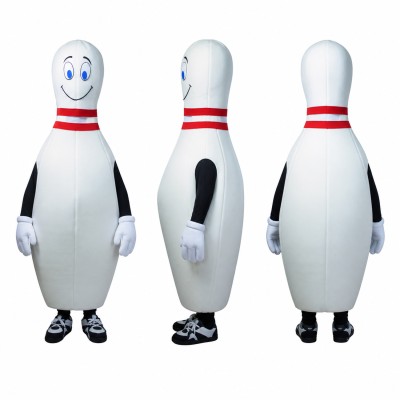 Bowling Pin Mascot Costume in White with Red Stripes Adult