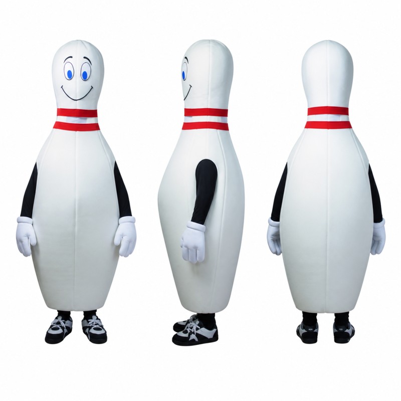 Bowling Pin Mascot Costume in White with Red Stripes Adult
