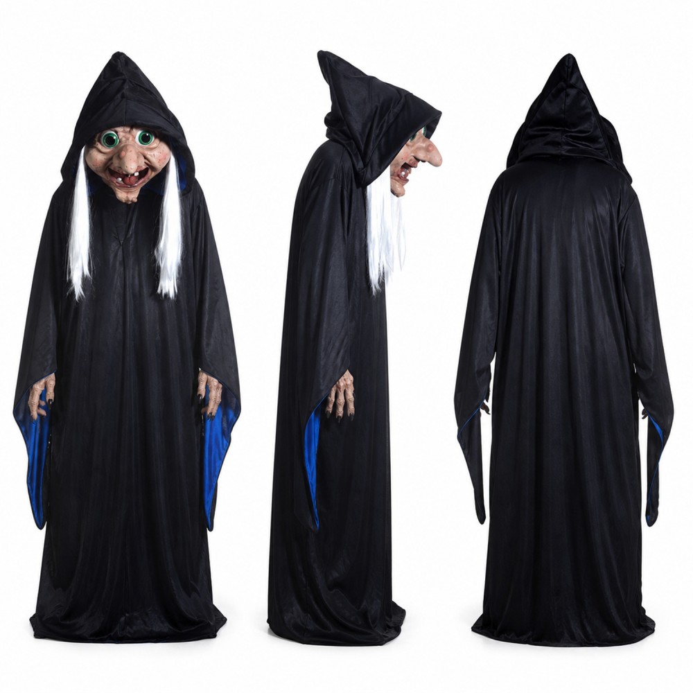 Witch Mascot Costume in Black with Hood and Staff Adult Witch Mascot Costume in Black with Hood and Staff Adult