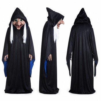 Witch Mascot Costume in Black with Hood and Staff Adult