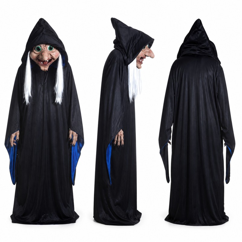 Witch Mascot Costume in Black with Hood and Staff Adult