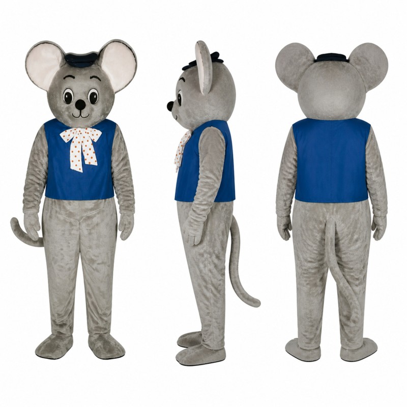 Mouse Mascot Costume in Gray with Blue Shirt and White Bow Adult