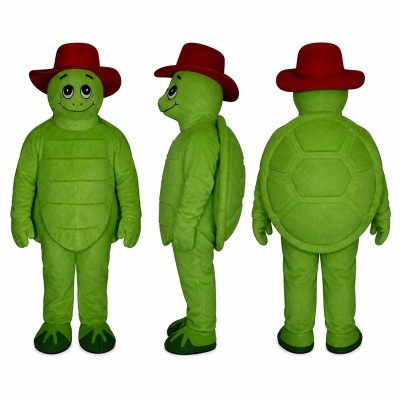 Turtle Mascot Costume in Green with Red Hat Adult