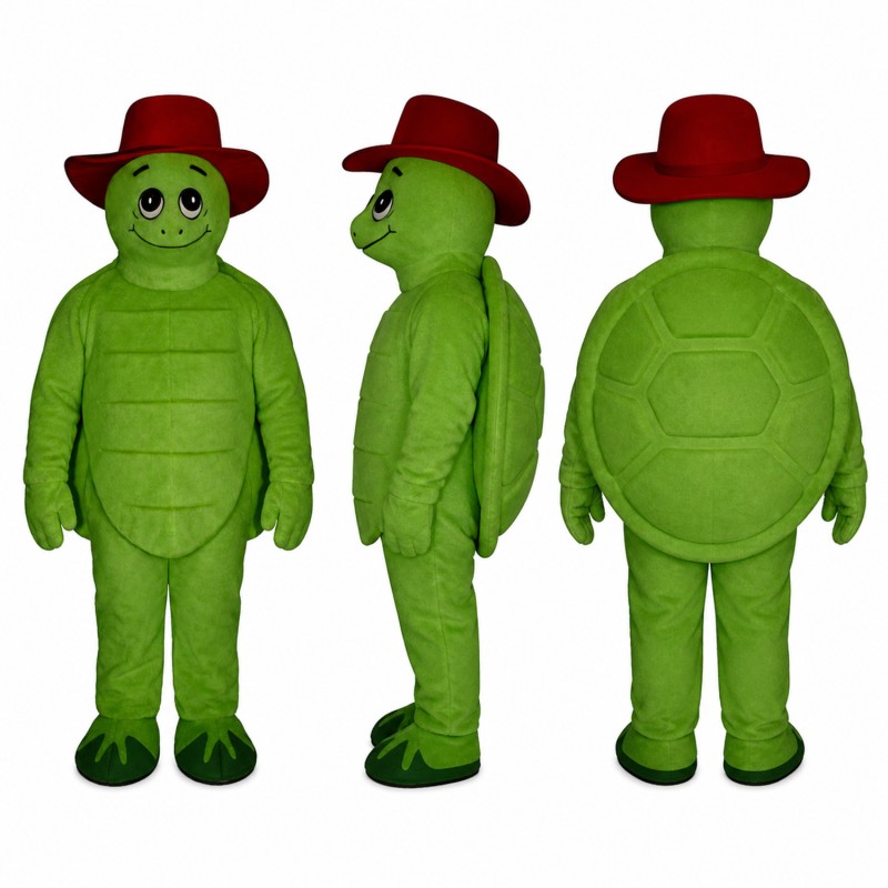 Turtle Mascot Costume in Green with Red Hat Adult