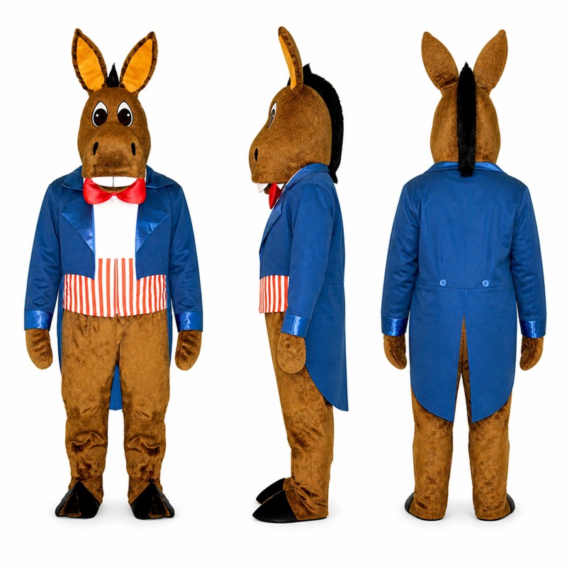 Horse Mascot Costume in Brown with Blue Jacket and Red Bow Tie Adult