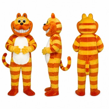 Striped Cat Mascot Costume in Orange and Yellow with Broad Grin Adult