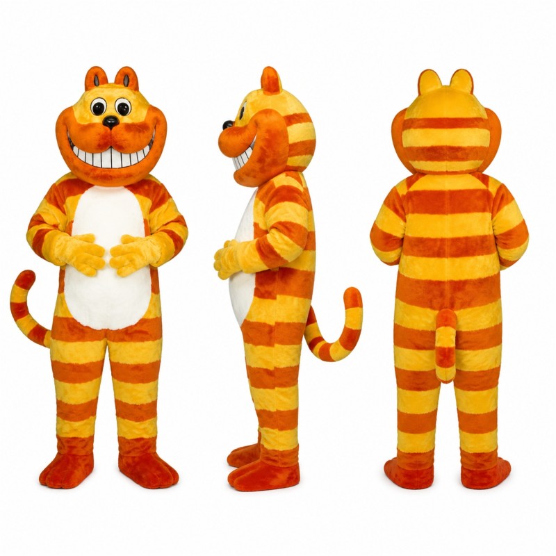 Striped Cat Mascot Costume in Orange and Yellow with Broad Grin Adult