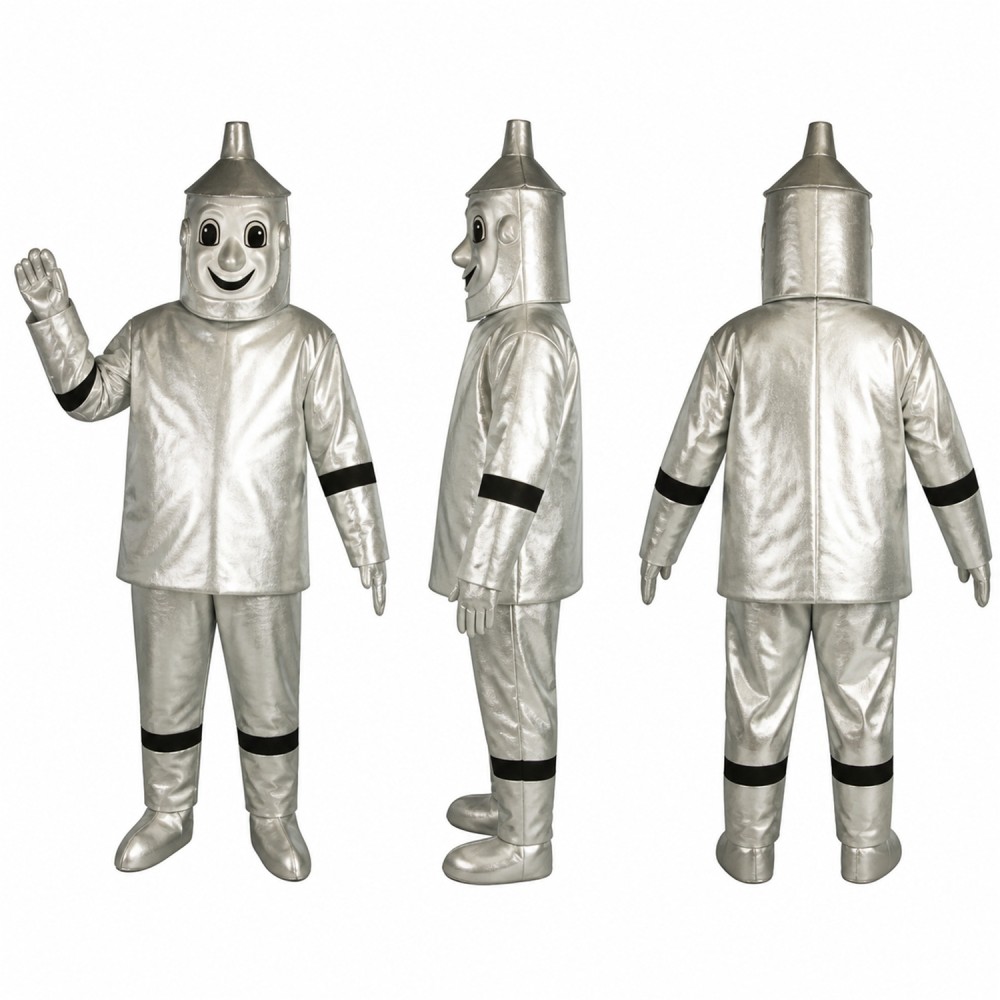 Tin Robot Mascot Costume in Silver with Funnel Hat Adult Tin Robot Mascot Costume in Silver with Funnel Hat Adult