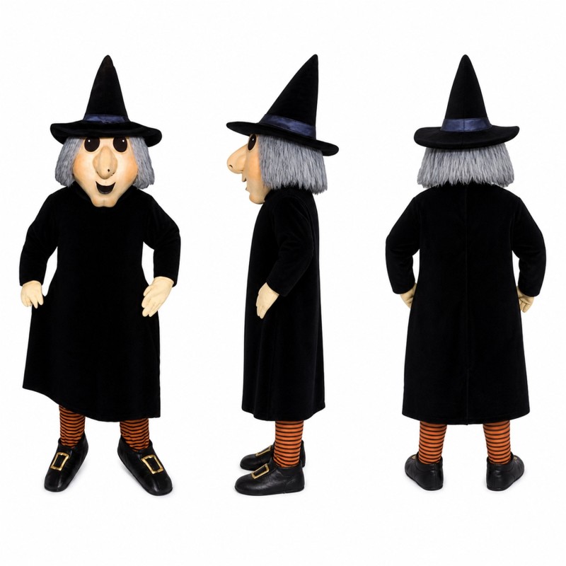 Witch Mascot Costume in Black with Pointed Hat Adult