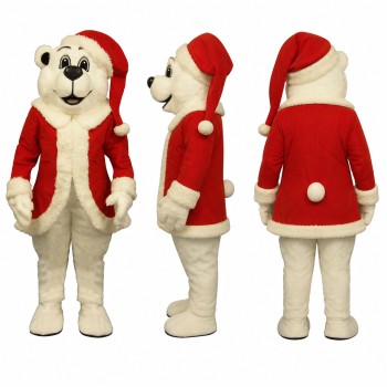 Polar Bear Mascot Costume in White with Red Santa Coat Adult