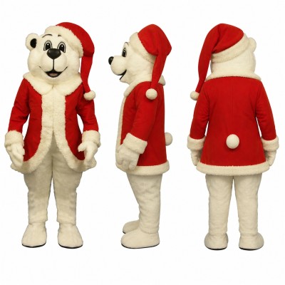 Polar Bear Mascot Costume in White with Red Santa Coat Adult