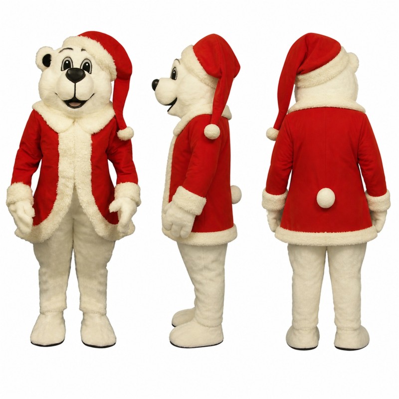 Polar Bear Mascot Costume in White with Red Santa Coat Adult