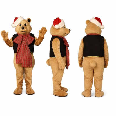 Teddy Bear Mascot Costume in Tan with Santa Hat and Red Scarf Adult