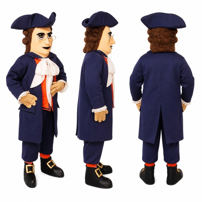 Colonial Gentleman Mascot Costume in Navy with Tricorn Hat Adult