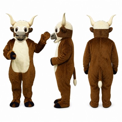 Bull Mascot Costume in Brown with Long Cream Horns Adult