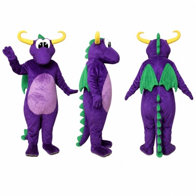 Dragon Mascot Costume in Purple with Green Wings and Yellow Horns Adult