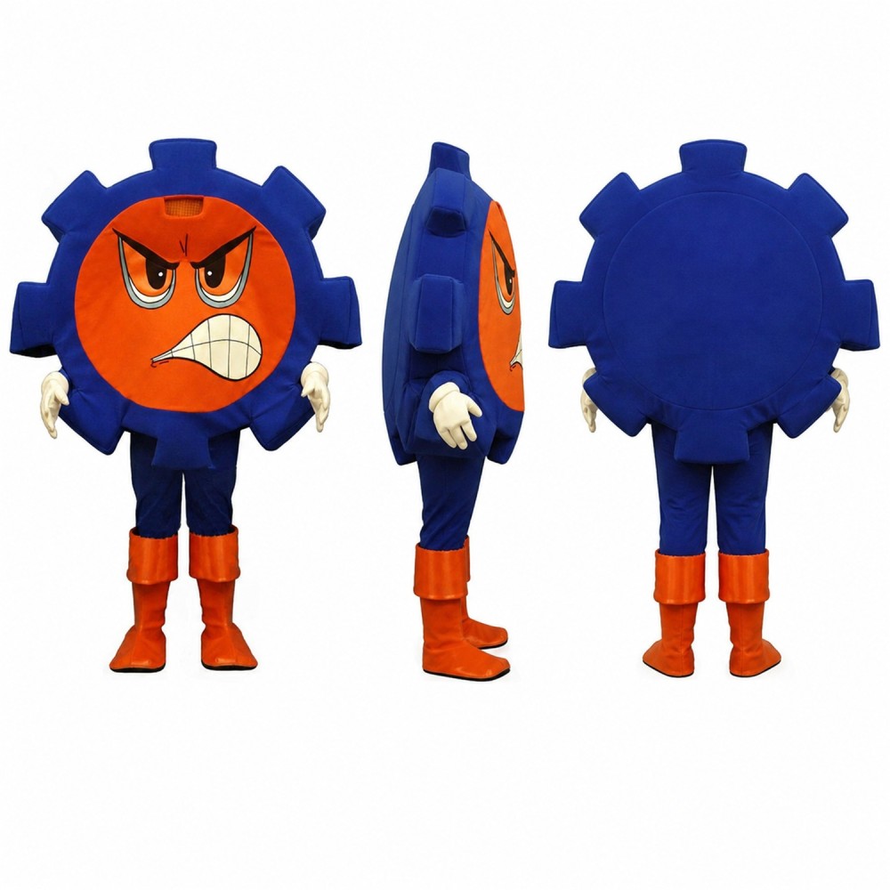 Gear Character Mascot Costume in Orange and Blue with Angry Face Adult Gear Character Mascot Costume in Orange and Blue with Angry Face Adult