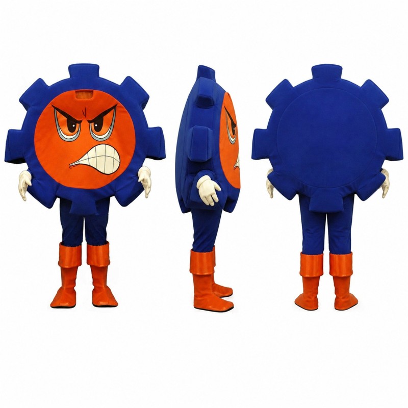 Gear Character Mascot Costume in Orange and Blue with Angry Face Adult