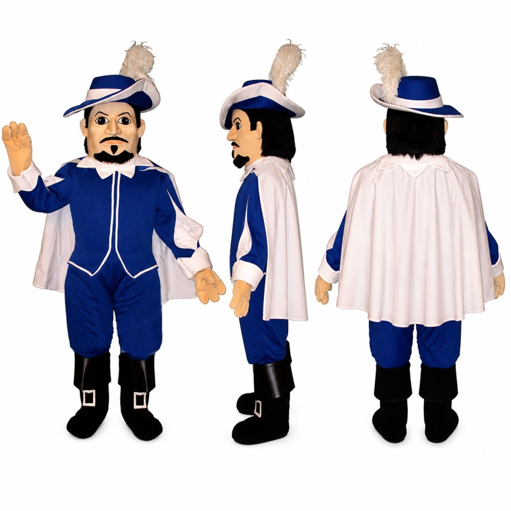 Colonial Gentleman Mascot Costume in Blue with Feathered Hat Adult Colonial Gentleman Mascot Costume in Blue with Feathered Hat Adult