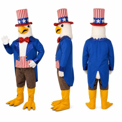 Patriotic Eagle Mascot Costume with Blue Jacket and Striped Hat Adult