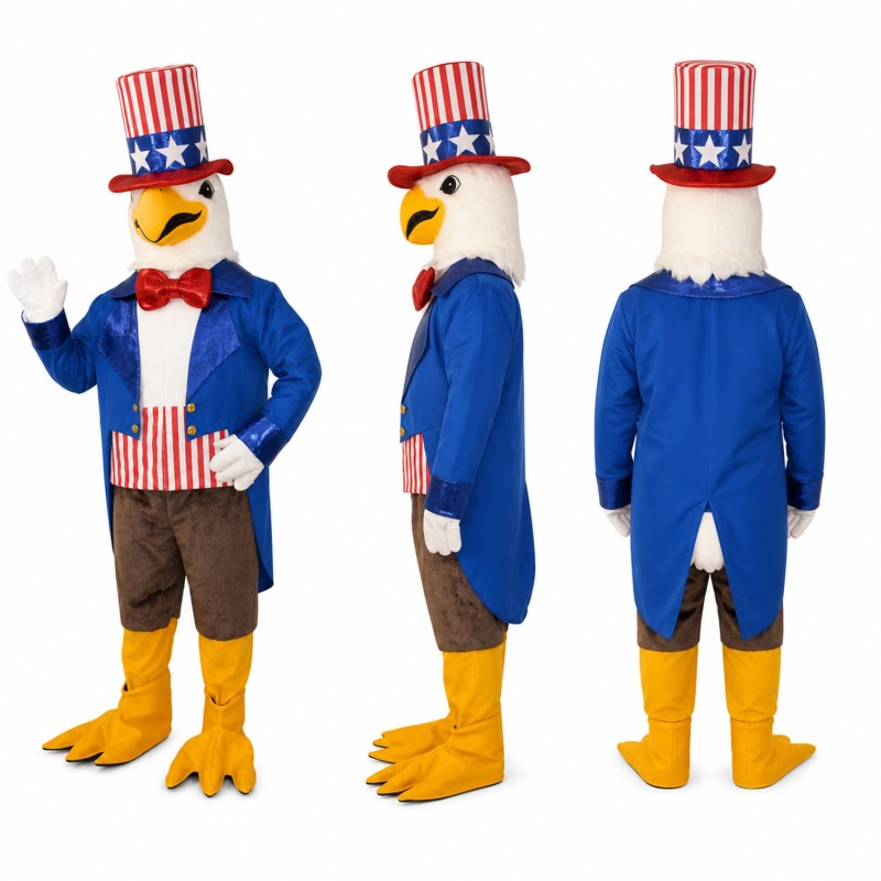 Patriotic Eagle Mascot Costume with Blue Jacket and Striped Hat Adult