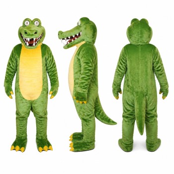 Crocodile Mascot Costume in Green with Yellow Belly and Broad Grin Adult