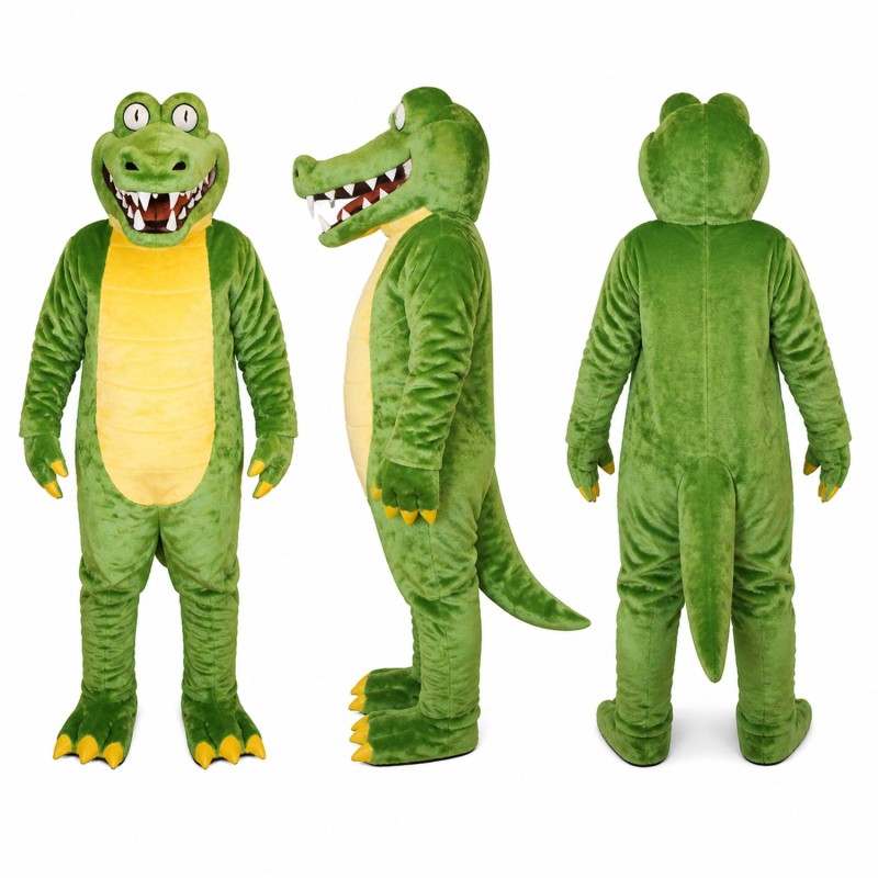 Crocodile Mascot Costume in Green with Yellow Belly and Broad Grin Adult