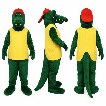 Alligator Mascot Costume in Dark Green with Red Cap and Yellow Shirt Adult