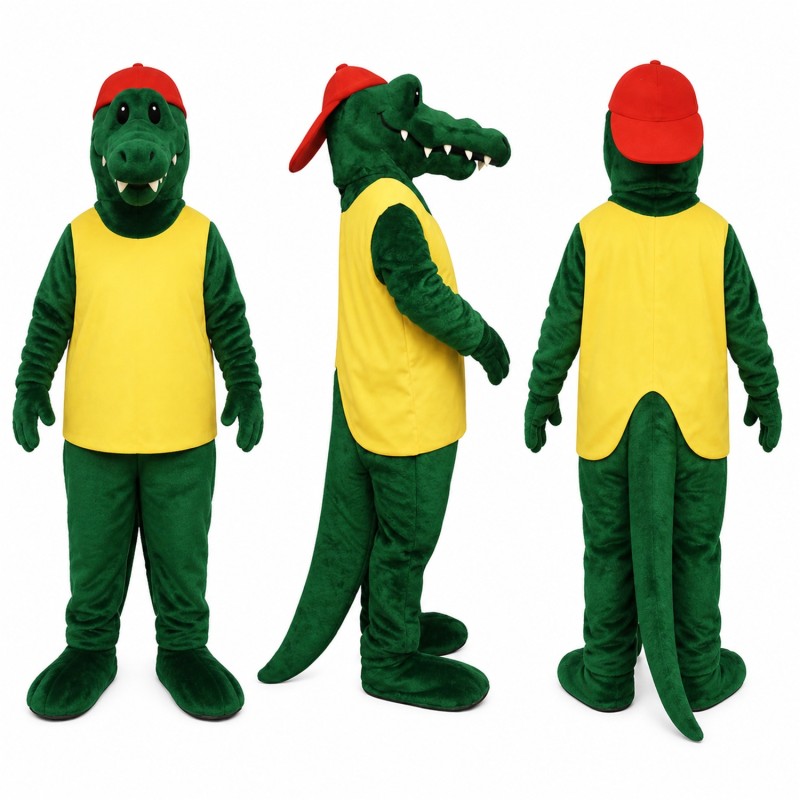 Alligator Mascot Costume in Dark Green with Red Cap and Yellow Shirt Adult