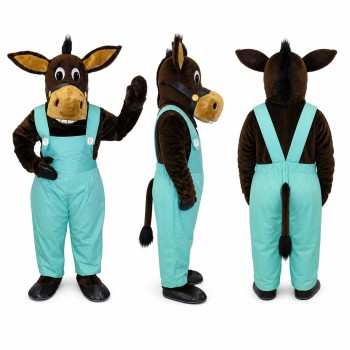 Donkey Mascot Costume in Brown with Turquoise Overalls Adult