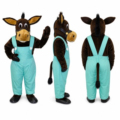 Donkey Mascot Costume in Brown with Turquoise Overalls Adult