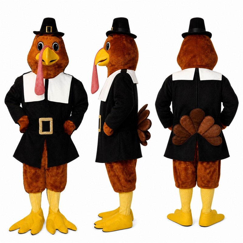 Pilgrim Turkey Mascot Costume in Brown and Black Adult