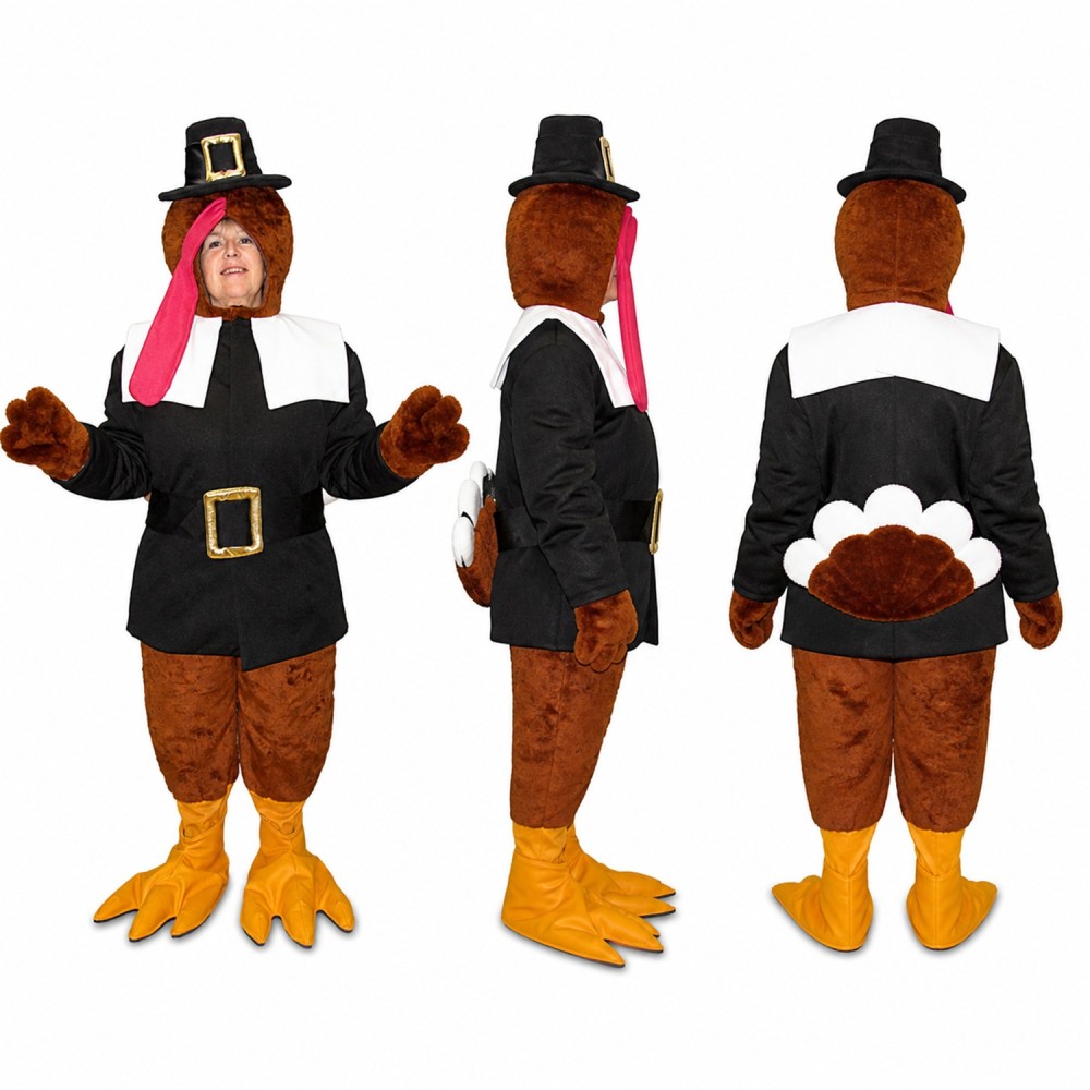 Pilgrim Turkey Mascot Costume in Brown with Black Dress Adult Pilgrim Turkey Mascot Costume in Brown with Black Dress Adult