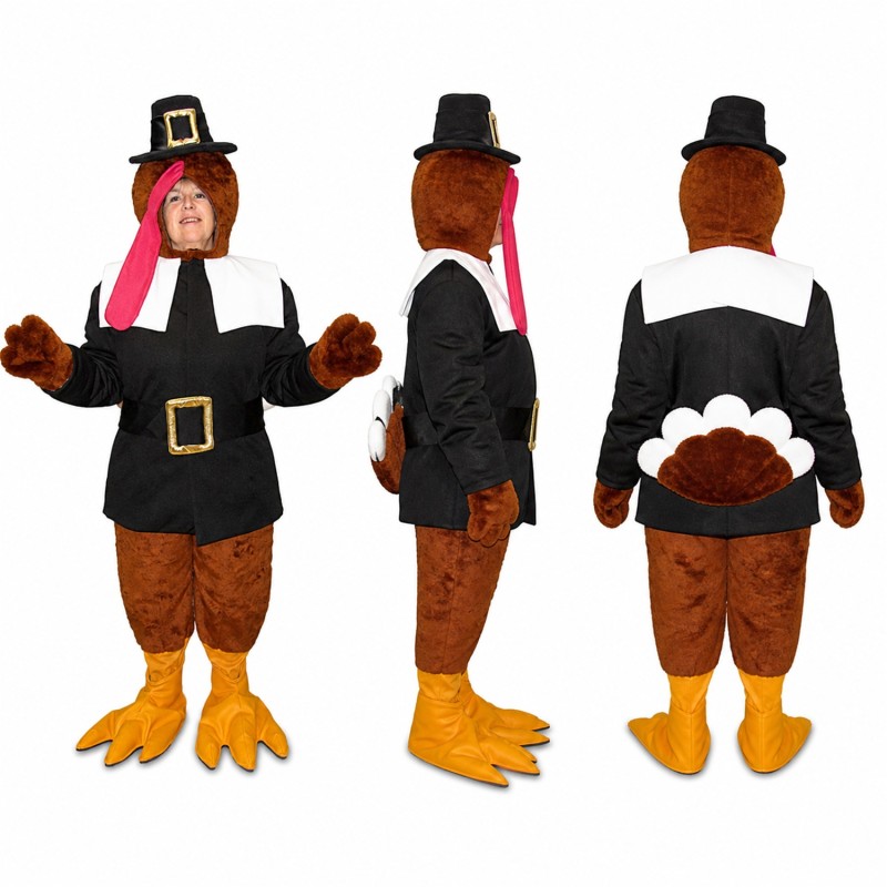 Pilgrim Turkey Mascot Costume in Brown with Black Dress Adult