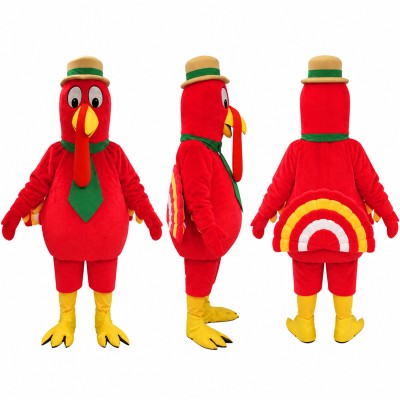 Turkey Mascot Costume in Red with Green Tie and Headband Adult