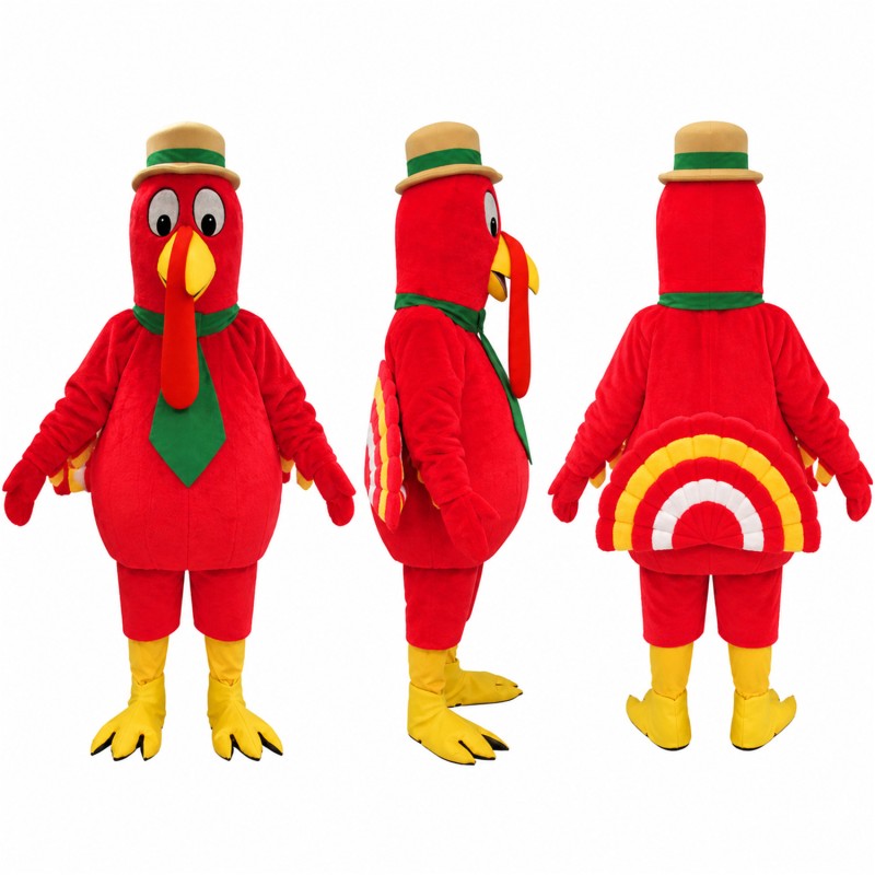 Turkey Mascot Costume in Red with Green Tie and Headband Adult