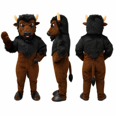 Bison Mascot Costume in Brown and Black with Short Horns Adult