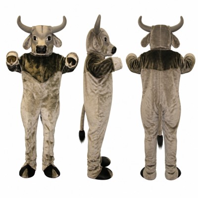 Bull Mascot Costume in Mottled Gray with Large Horns Adult