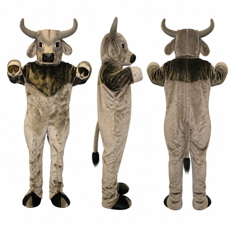 Bull Mascot Costume in Mottled Gray with Large Horns Adult