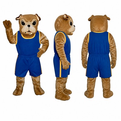 Bulldog Mascot Costume in Brown and White with Blue Overalls Adult