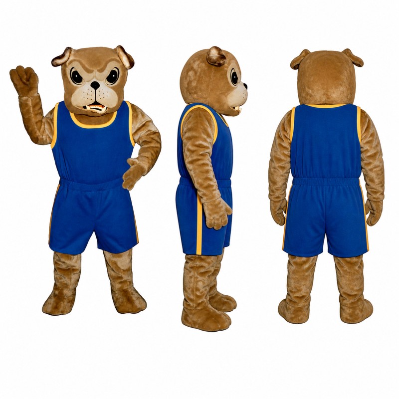 Bulldog Mascot Costume in Brown and White with Blue Overalls Adult