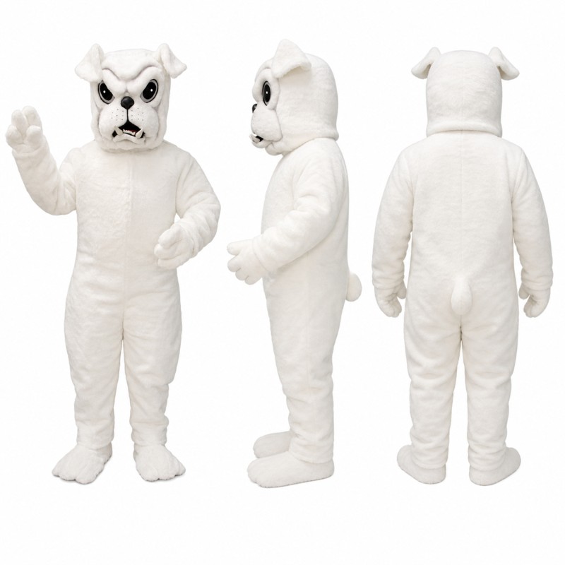 Bulldog Mascot Costume in White with Black Eye Markings Adult