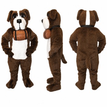 Bulldog Mascot Costume in Brown and White with Dark Overalls Adult