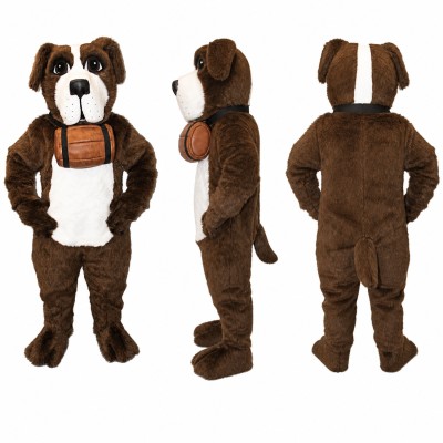 Bulldog Mascot Costume in Brown and White with Dark Overalls Adult