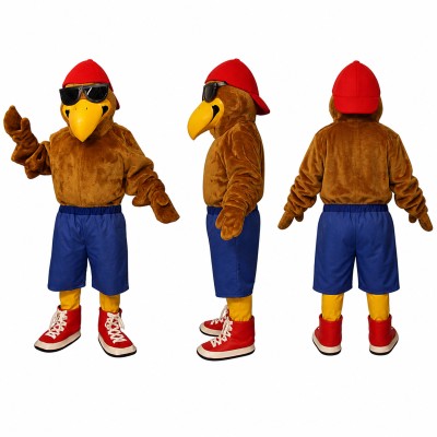 Cool Bird Mascot Costume in Brown with Sunglasses and Blue Shorts Adult